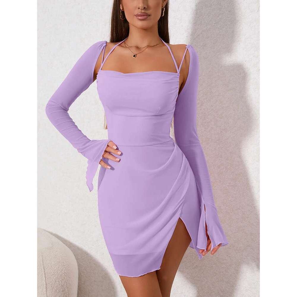 Designer Clothes Newasia Halter Flounce Sleeves Mesh Pink Dress Women Sexy Solid Backless Bandage Mini Vestido Summer Vacation Party Club