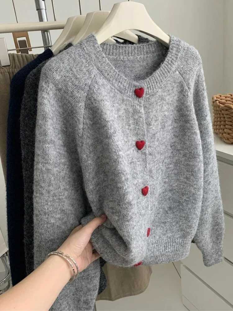 Zjaiss 2025 Deep Grey Wool Knitted Cardigan For Women In Autumn Winter Soft And Sticky Warm Sweater Love Buckle Shoulder SleevesT251125