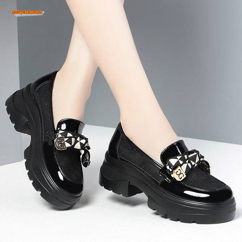 2024 Spring Female Shoes Women Fashion Mary Jane Round Toe Flats Loafers Oxfords Platform Casual Metal Chain Buckle Heels Black ddmykukumalu