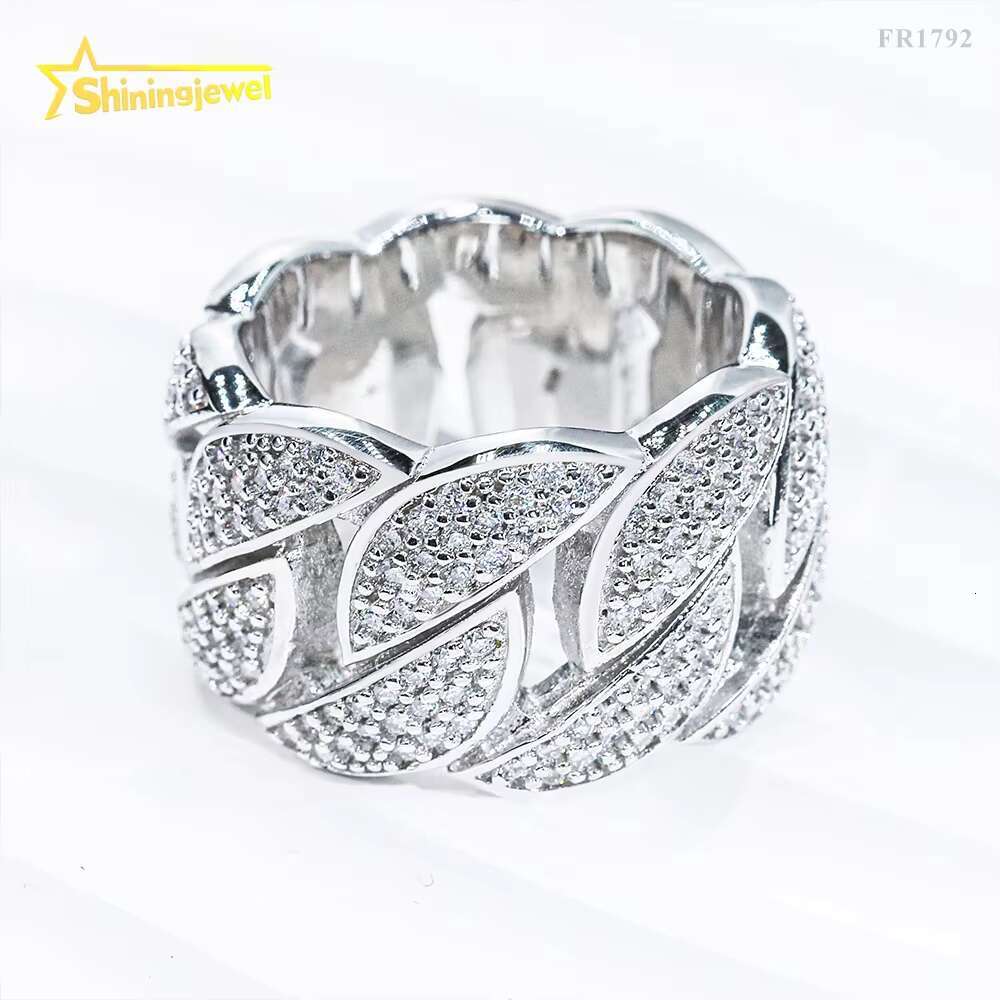 Hot Selling Iced Out Three Rows Moon Shape Cuban Ring Hip Hop Silver 925 Moissanite Men Rings