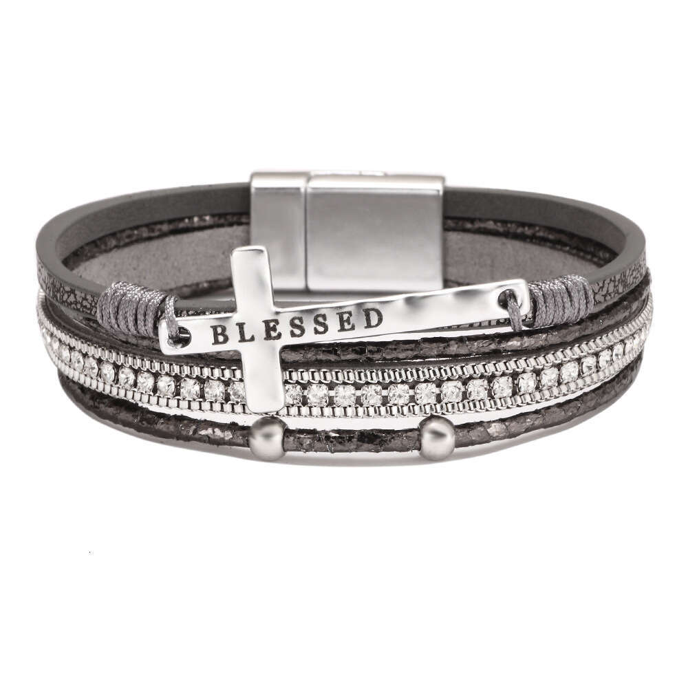 Jewelry Bohemian Cross Light Micro Set Dia Magnetic Buckle PU Leather Bracelet