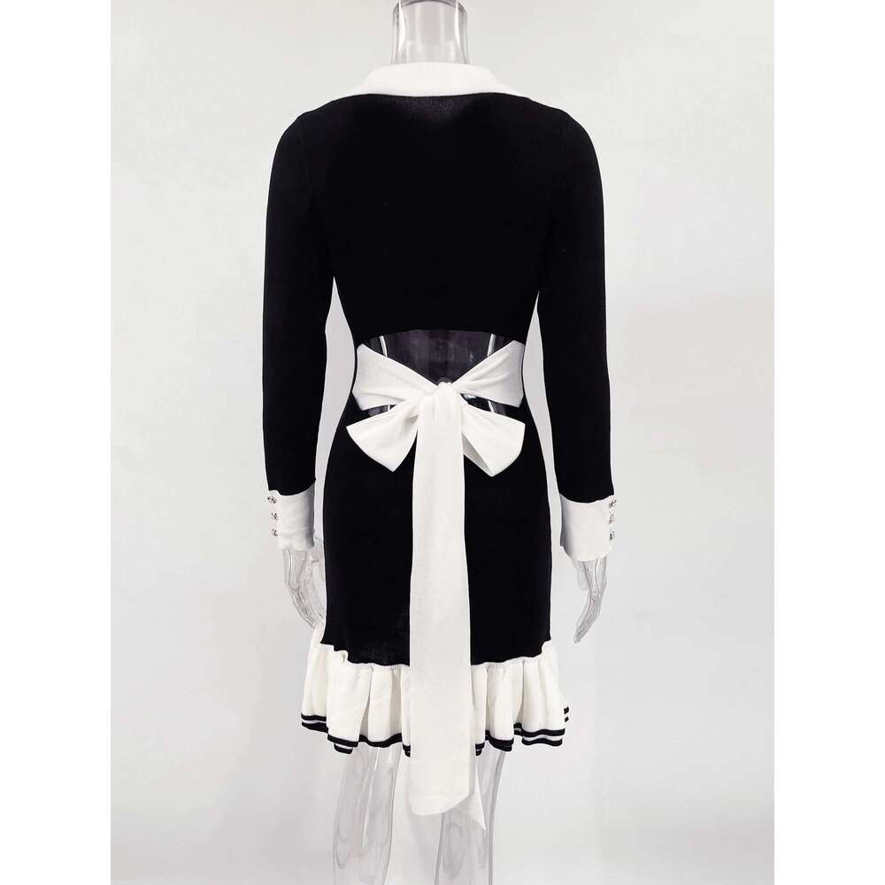 Ruffled Bow Knit Mini Women's Summer Backless Contrast Cardigan Lace-Up Elegant Female Knitwear Bandage Dress