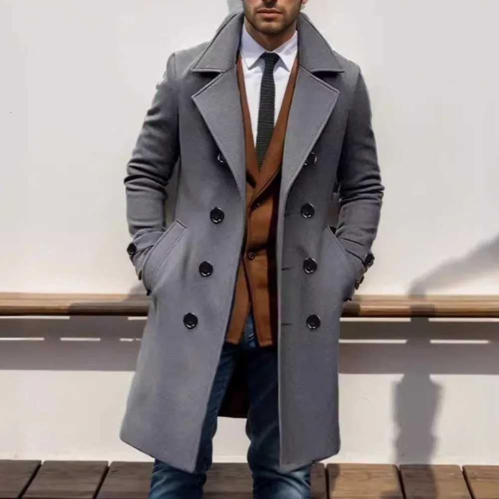 Men Wool Double Breasted Blends Turn Down Collar Jackets Long Sleeve Cardigan Coat High Street Pockets Loose Outerwear SolidT251125