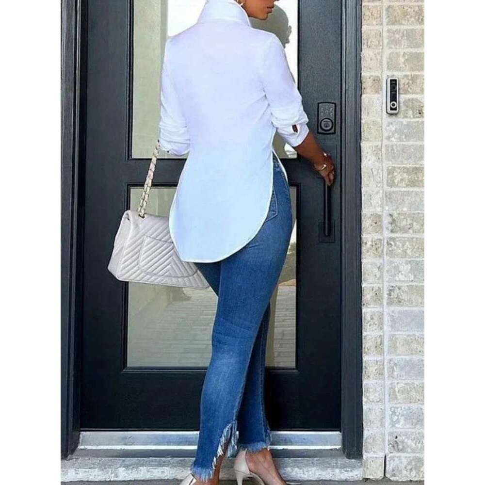 Plus Size Casual Simple Mid-Long Sleeve Women's Spring Summer Fashion Asymmetric Top Belted Solid Color Shirt