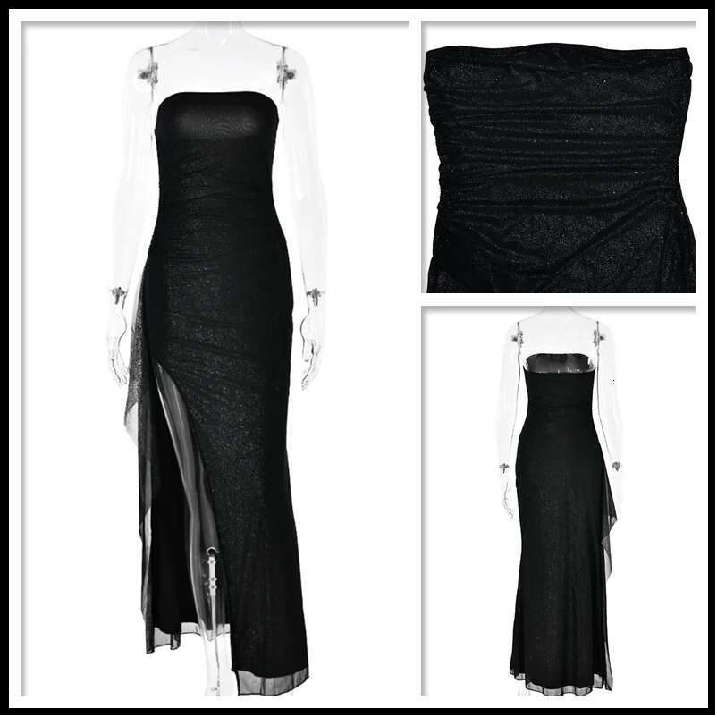 Dongdumaoyi Townlike Sparkle Glitter Split Sexy Party Dress Women Strapless Summer Slim Bodycon Elegant Midi Long Dresses