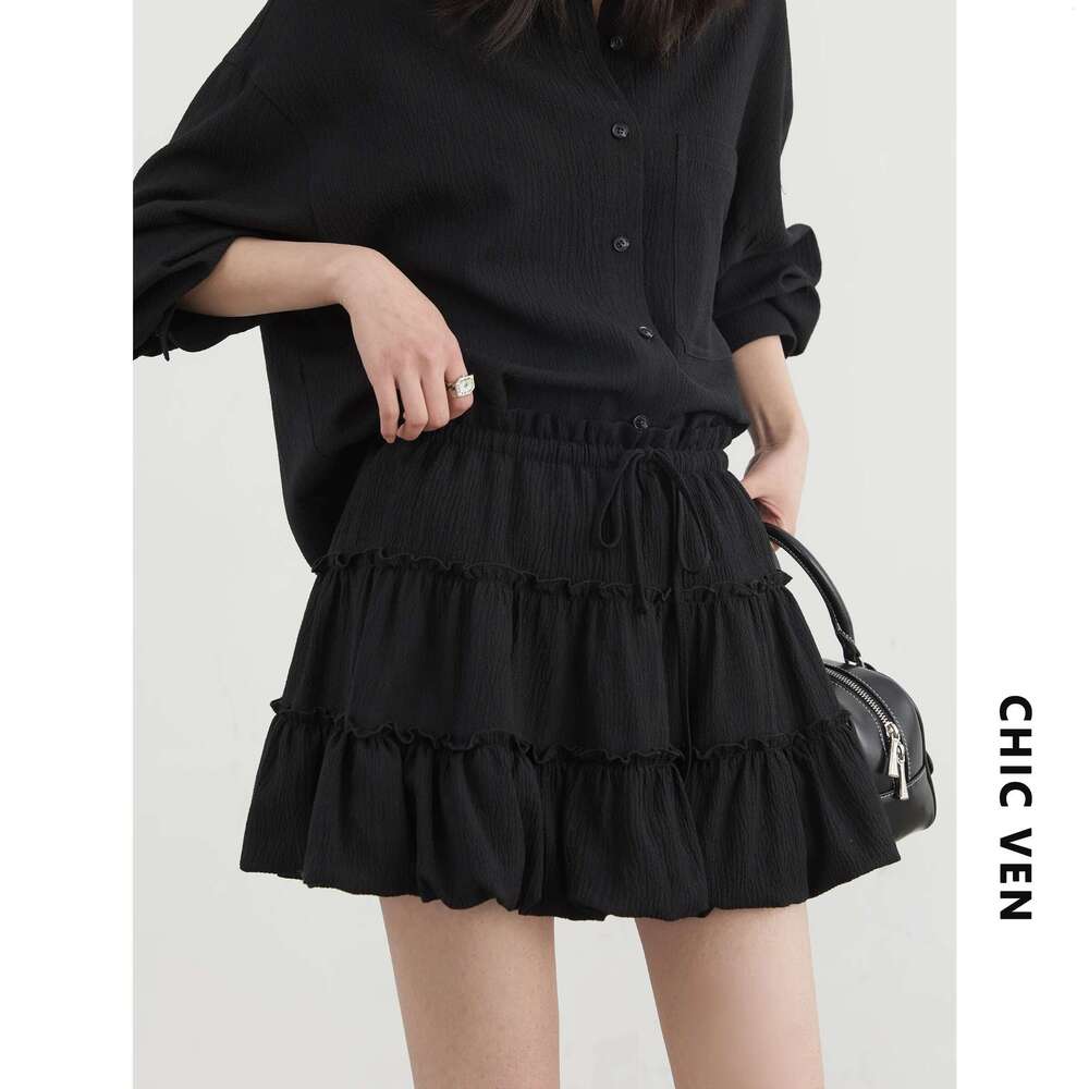 CHIC VEN Women Shirt Solid Long Sleeve Loose Casual New Texture Female Blouses Elastic Waist Mini Skirt Set Spring Summer 2025