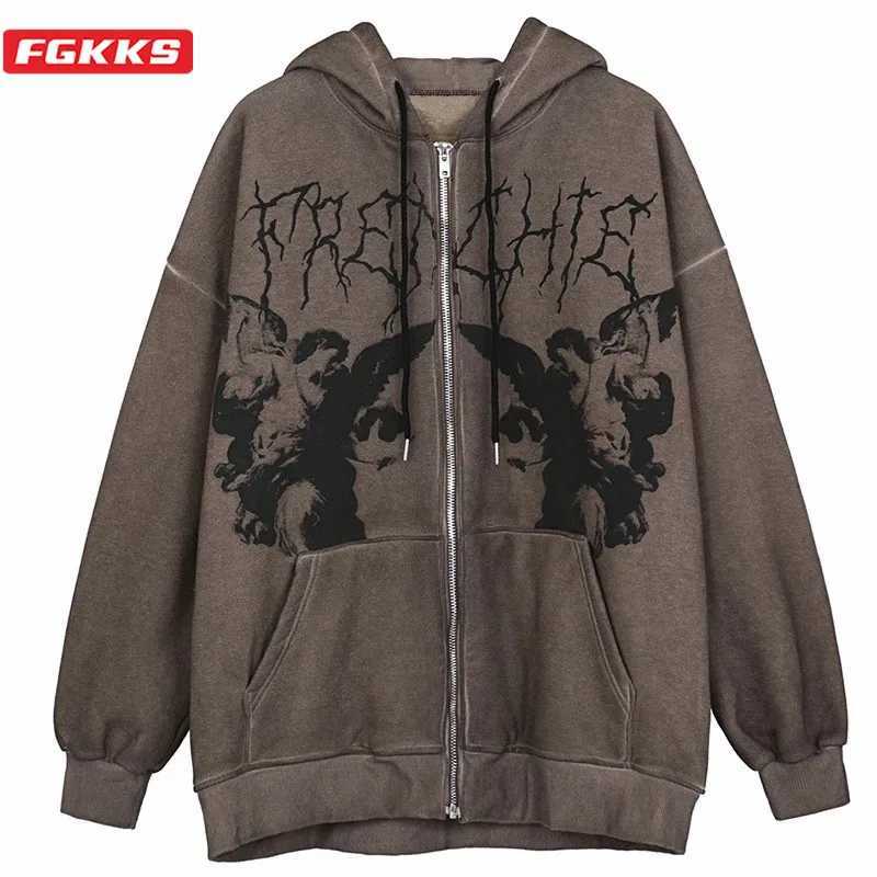 FGKKS Hoodie Angel Fairy Grunge dark printed jacket for womens hip-hop streetwear Harajuku anime zipper hoodie for men w250425