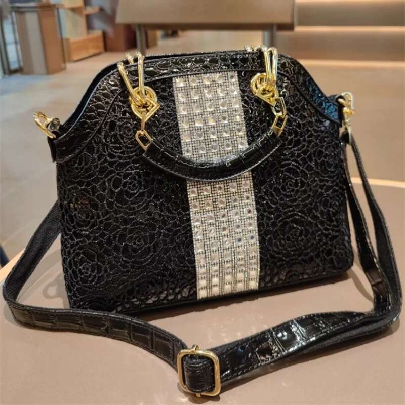 Spring and autumn new lace rhinestone patent leather handbag banquet dress large-capacity one-shoulder cross-body women's bag