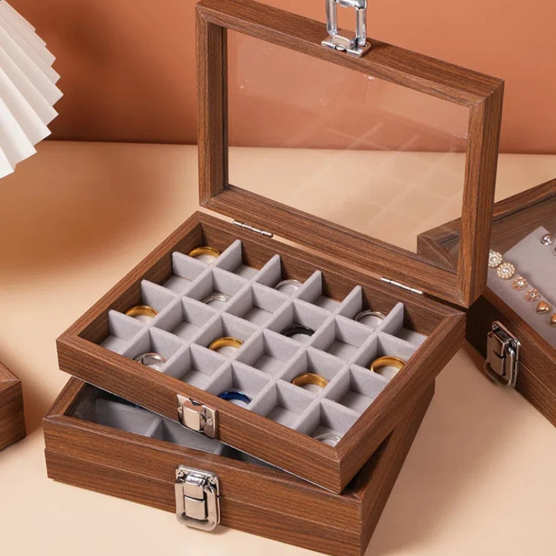 Black Walnut Wood Grain Solid Wood Jewelry Storage Box Dust-proof Belt Lid Jewelry Box Bracelet Ring Earring Necklace Box 250424