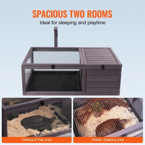 Tortoise Habitat Wooden Tortoise House Indoor & Outdoor 2-Room 38x24x13in