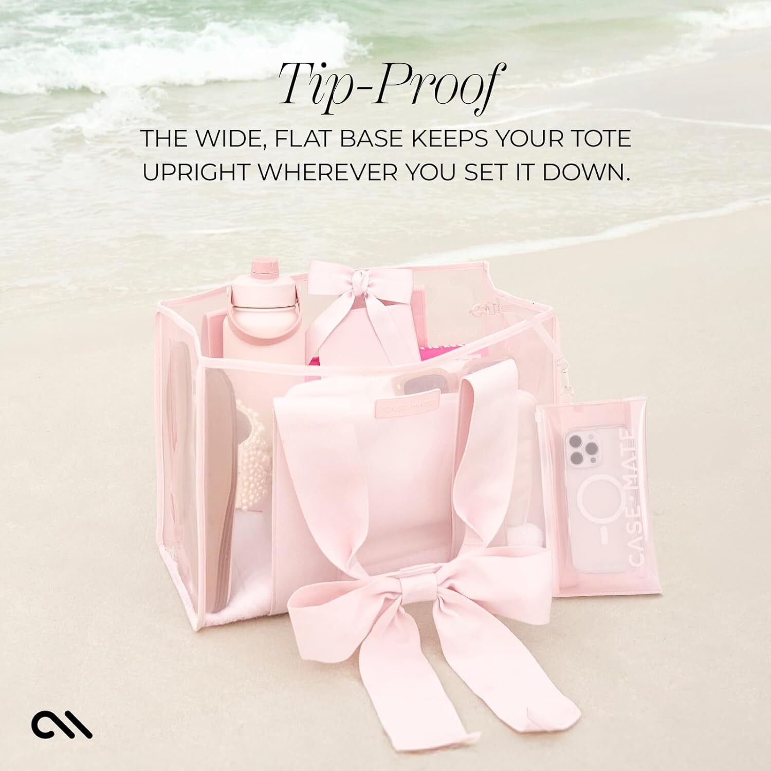 Case-Mate Pink Bow Lightweight Beach With Phone Pouch Women Waterproof, Tip-Proof, Foldable & Washable Tote Bag For Beach, Pool, Travel And Vacation -