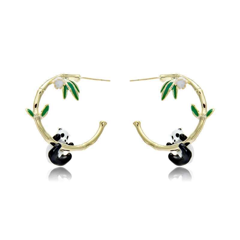 Small Niche Panda Bamboo Ear Rings, Grand Eye-Catching, Slim And Dripping Oil Earrings For Women