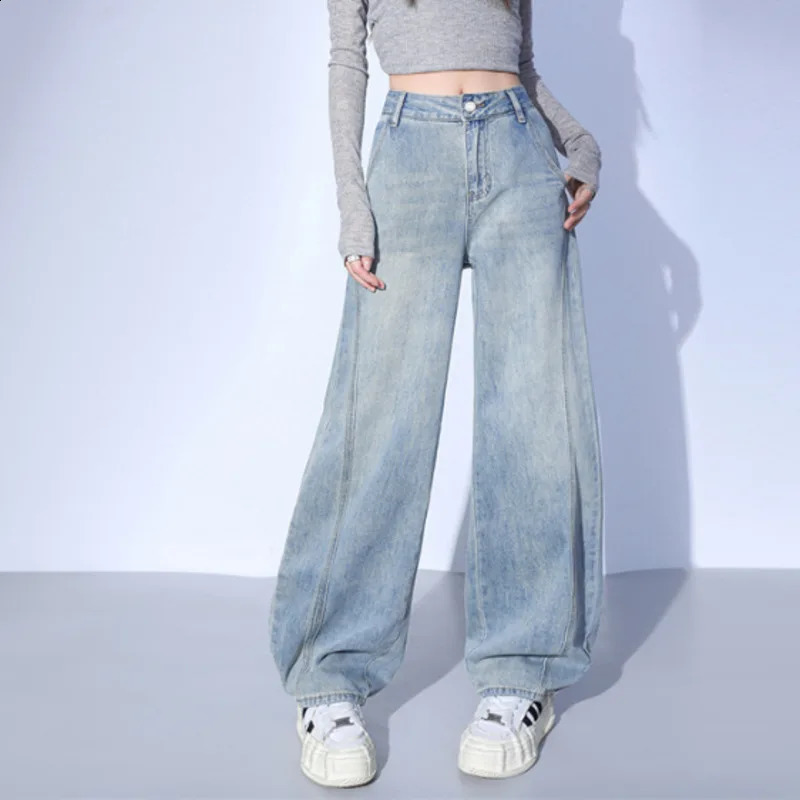 Wxw2607 light blue denim jeans split wide leg loose retro streetwear long 250417