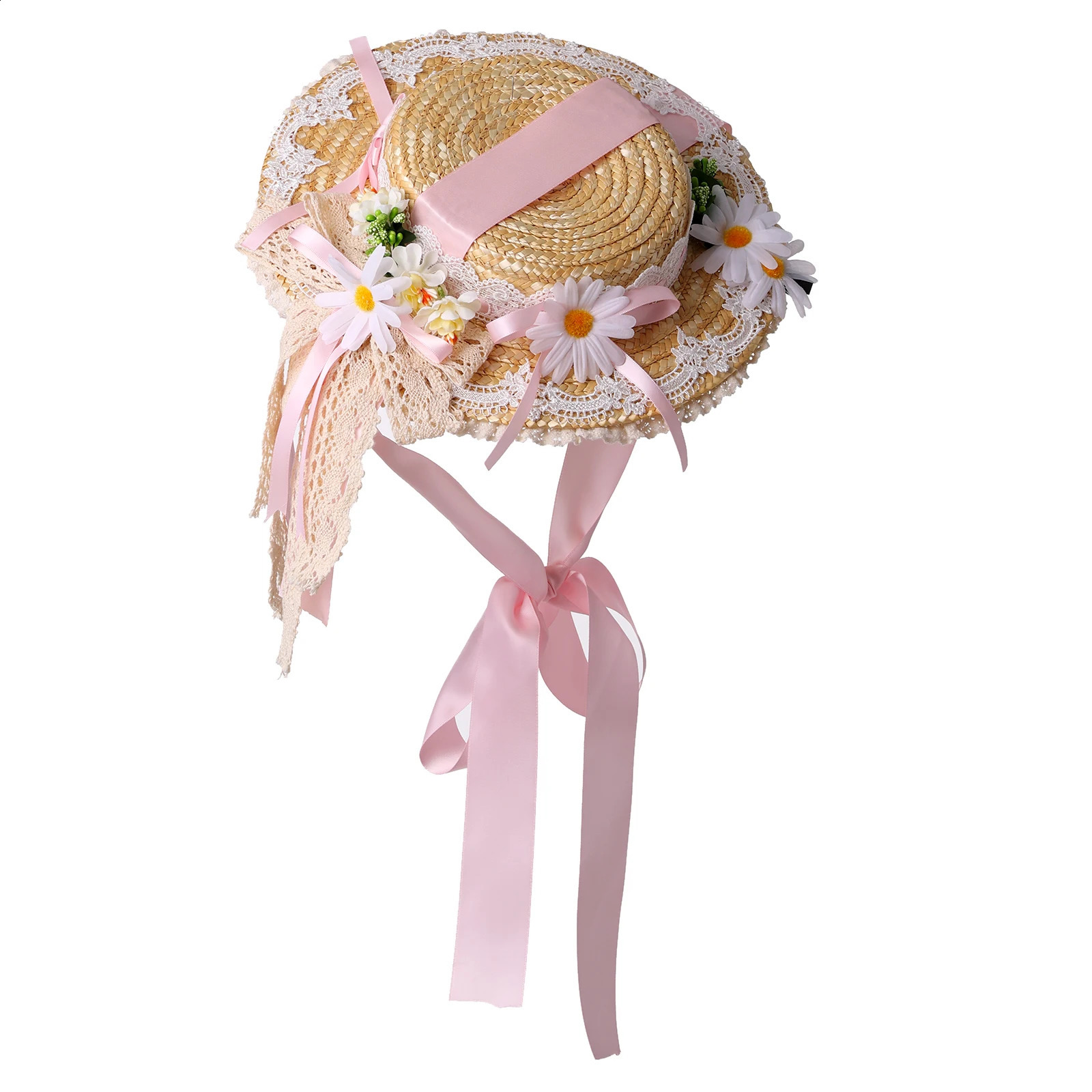 Lolita Straw Hat Women Girl Victorian Pastoral Style Lace Bonnet Hat for Costume Tea Party Flat Cap 250420