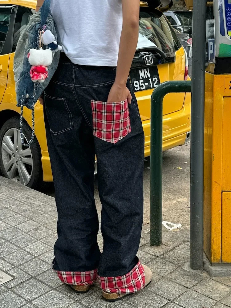 Adagirl Baggy Plaid Jeans Womens Retro Harajuku Alphabet Embroidered Korean Straight Wide Leg Cowboy Trouser Y2k Hip Hop Casual 250422