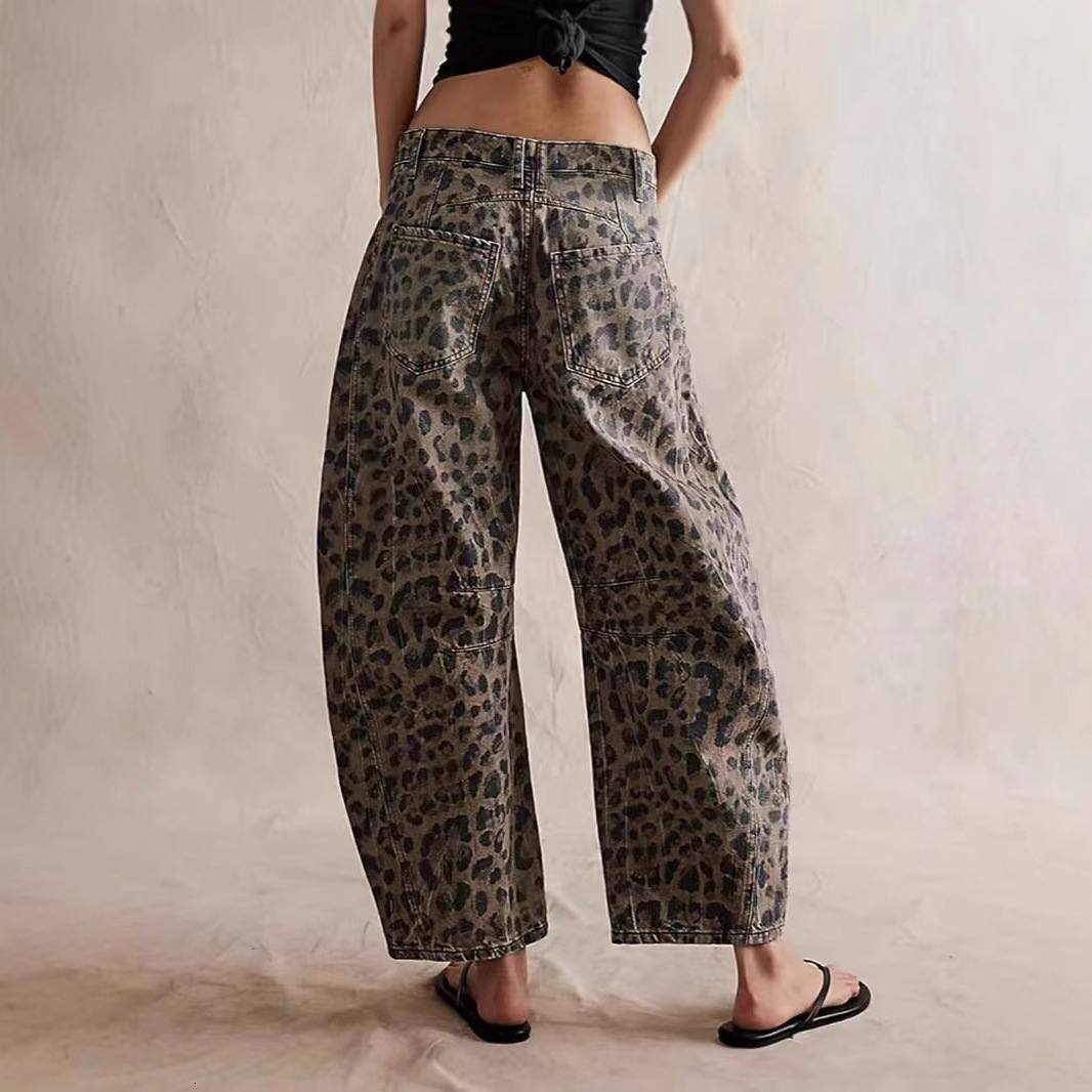 Women Leopard Barrel Jeans Y2k Cheetah Printed Baggy Boyfriend Jeans Mid Rise Wide Leg Denim Pants Horseshoe Jeans 250317