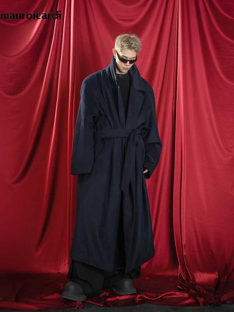 Mauroicardi Autumn Winter Oversized Extra Long Warm Navy Blue Wool Blends Coat Men Loose Luxury Designer Woolen Overcoat 2024T251125