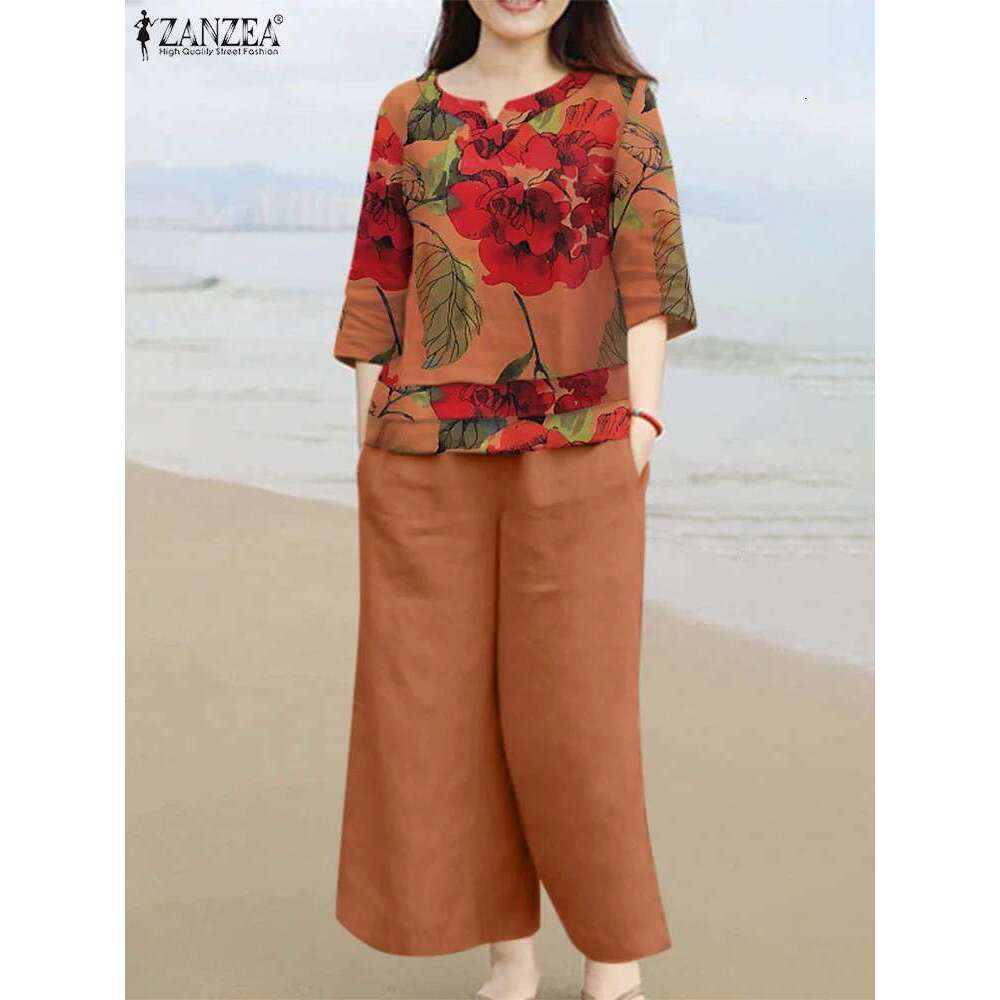 2024 ZANZEA Women Top 2Pcs Outifits Casual Holiday Solid Wide Leg Trouser Suits 2 Piece Set Floral Print Blouses Pant Sets