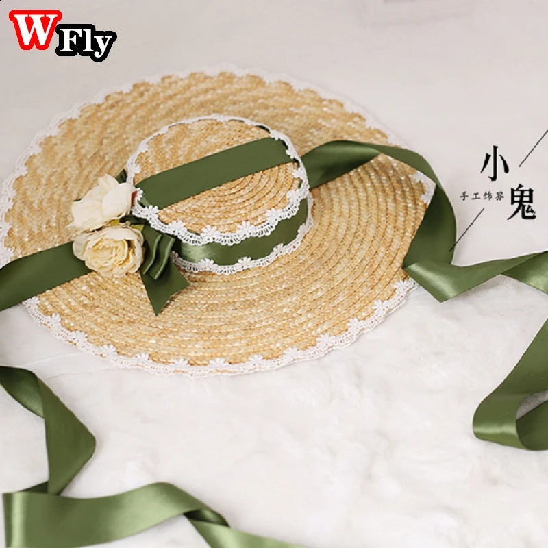 Japanese Women Girls Lolita Sweet Handmade Straw Sun Hat Lace Flower Ribbon Bandage Bowknot Wide Brim Elegant Straw hats 250420