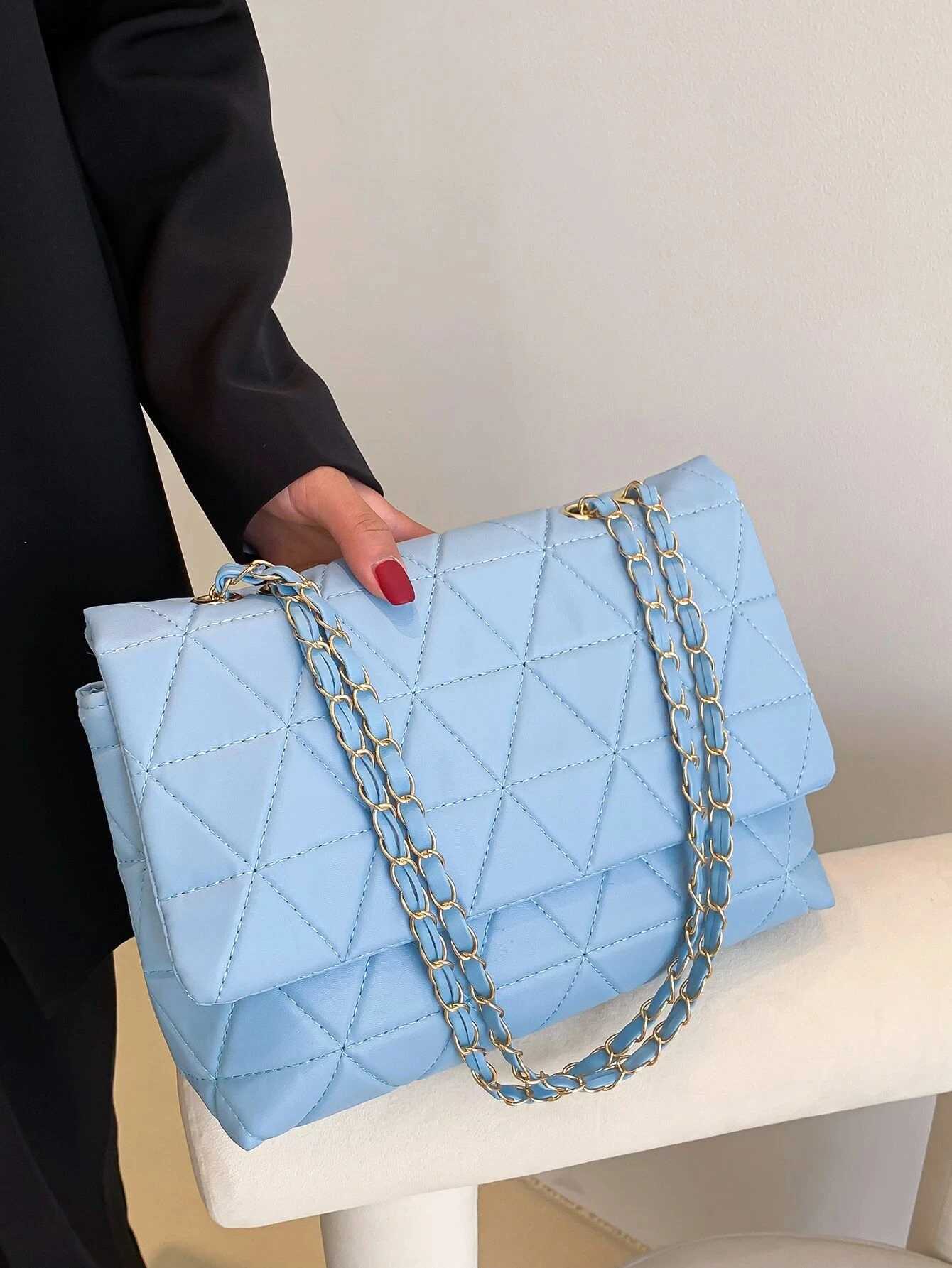 Fashionable blue Pu flip bag gold large capacity niche geometric handbag womens handbag embroidered threaded metal chain shoulder bag W250421