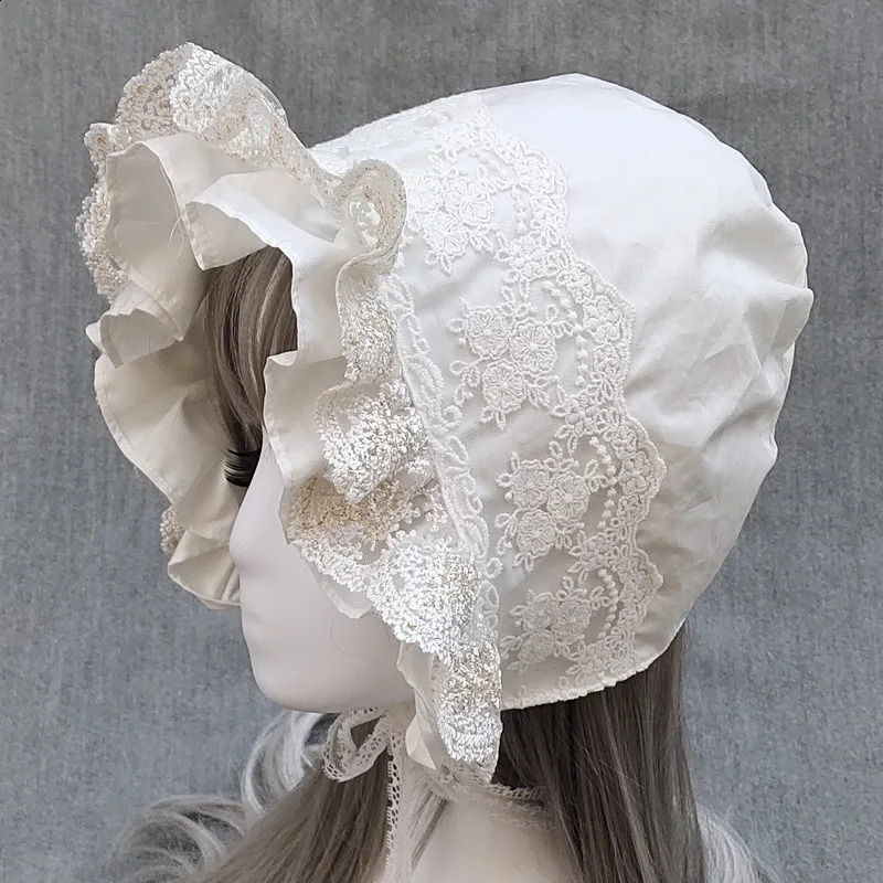 Medieval Vintage Maid Cosplay Pumpkin Cotton Cap Lace-up Adjustable Hat Women Girls Lolita Lace Bonnet Ruffled Hat 250420
