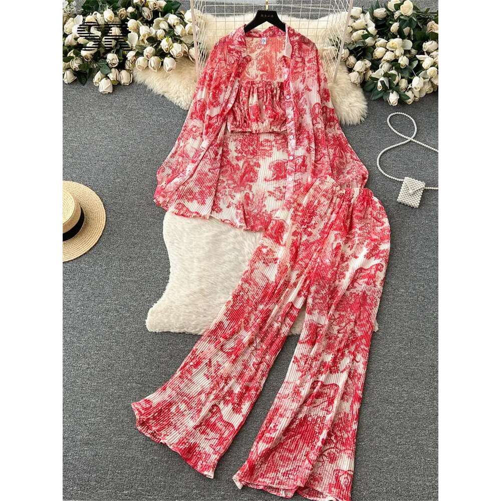 SINGREINY Pleated Three Piece Sets Women Long Sleeve Cardigan Strapless Slash Neck Crop Top Elastic Waist Wide Leg Pants Suit