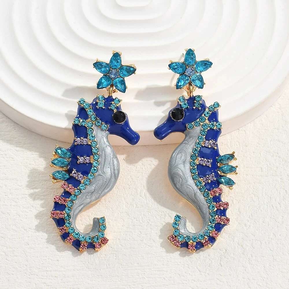 Vedawas Cute Metal Blue Black Crystal Seahorse Drop For Woman Funny Creative Marine Animal Earrings Personality Jewelry