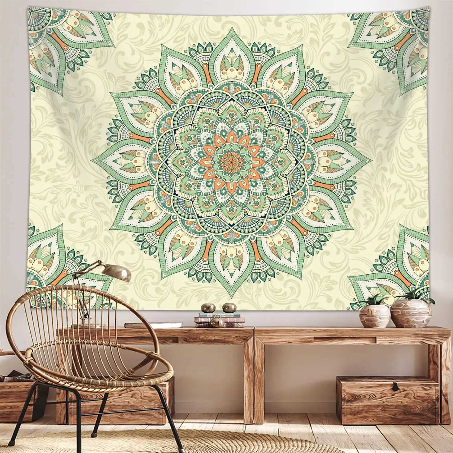 Bohemian Sage Green Mandala Art Tapestries Wall Hanging for Teen Girls Bedroom Aesthetic College Dorm Living Room Office HippieM251125