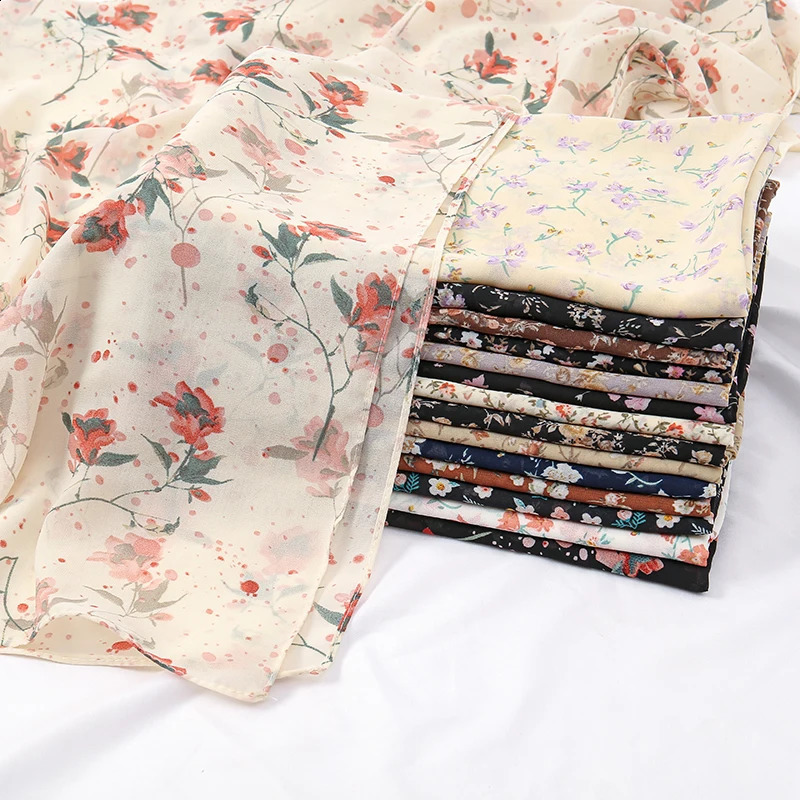 115cm Floral Printed Square Scarf Chiffon Headband Scarf For Muslim Woman Hijabs Shawls Lady Elegant Wraps Ethnic Islam Turban 250424