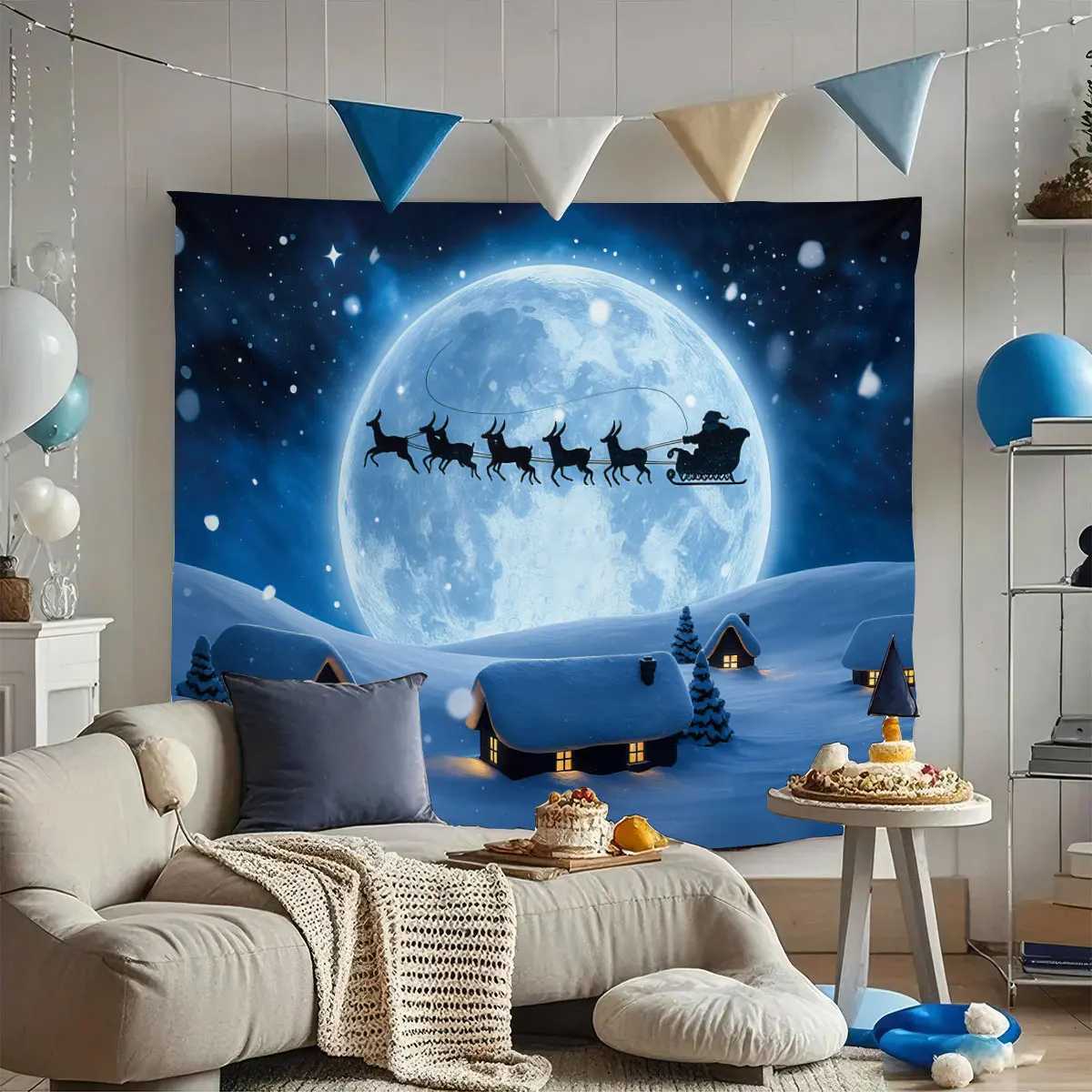 1pc Christmas Eve Santa Claus Sled Print Tapestry Living Room Wall Decoration Multi Size Background Cloth Machine WashableM251125
