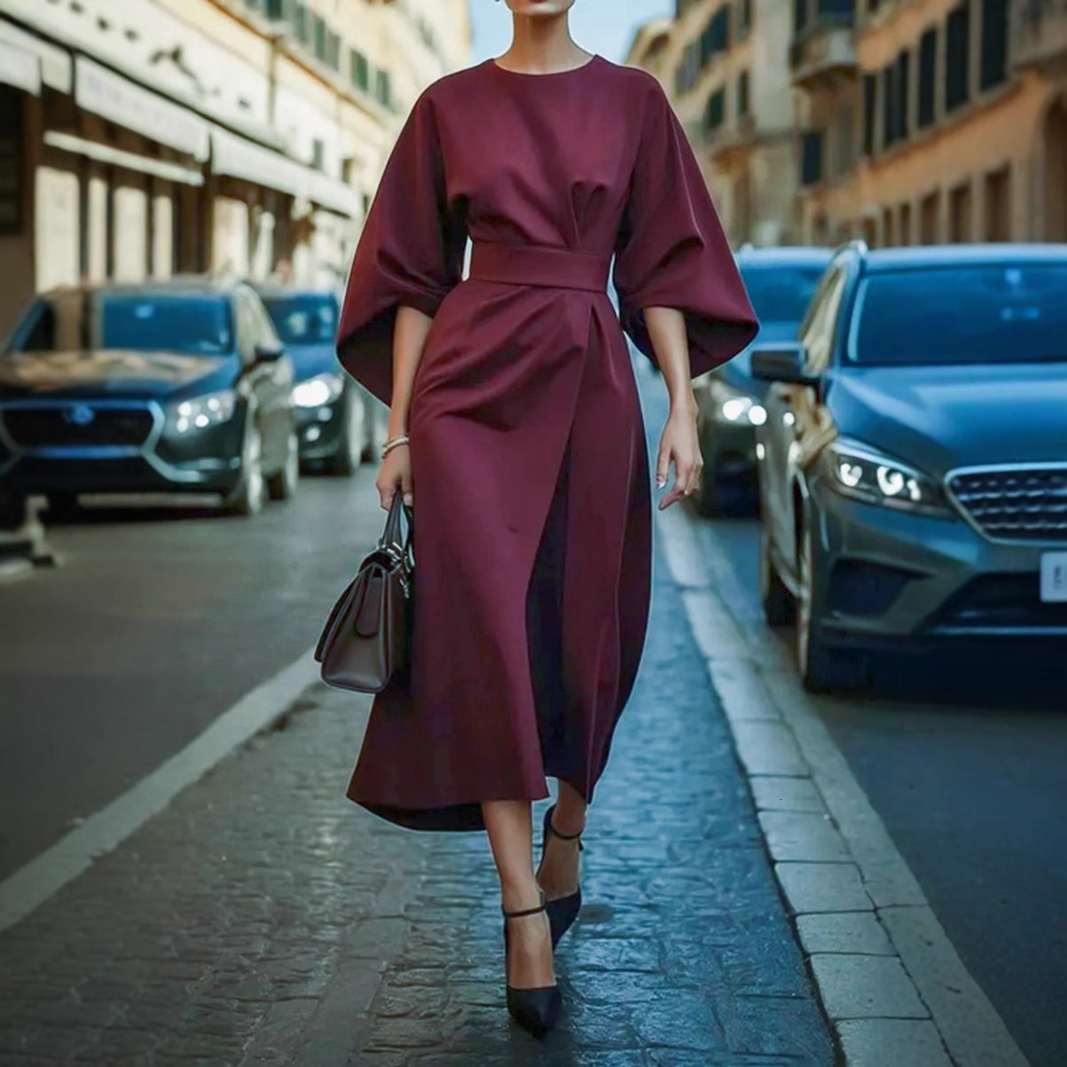 2025 Womens Fashion Elegant Solid Color Waist Dress Casual Bat Sleeve Long Dress