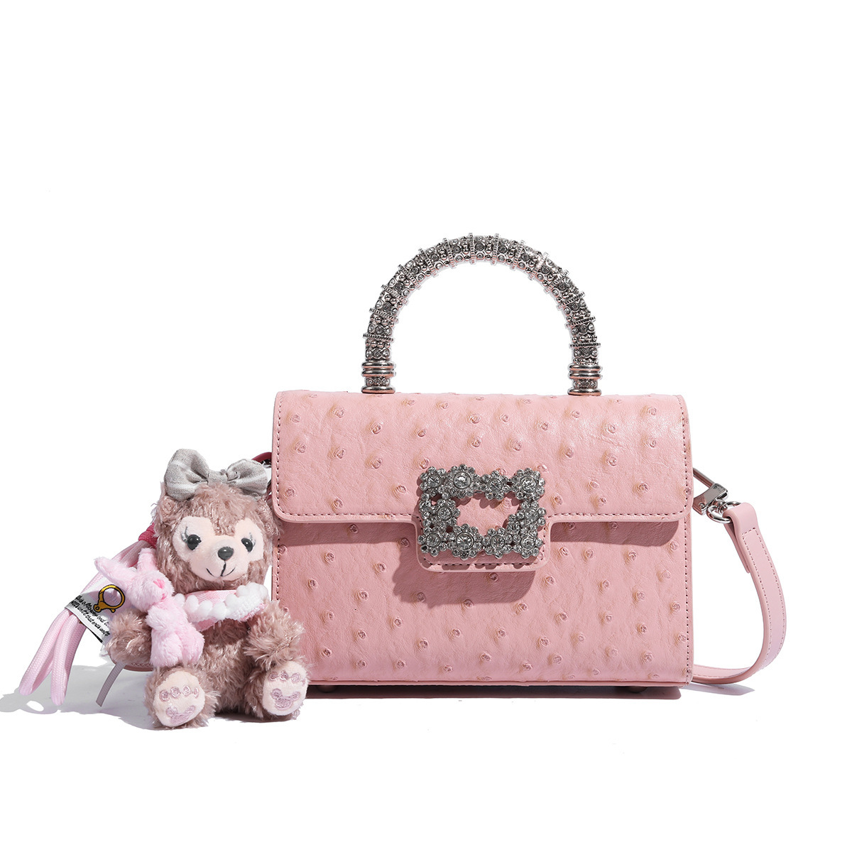 Ostrich Pattern Small Square Bag for Women's Fashionable Luxury Pink Cartoon Pendant Handbag Single Shoulder Crossbody Bag