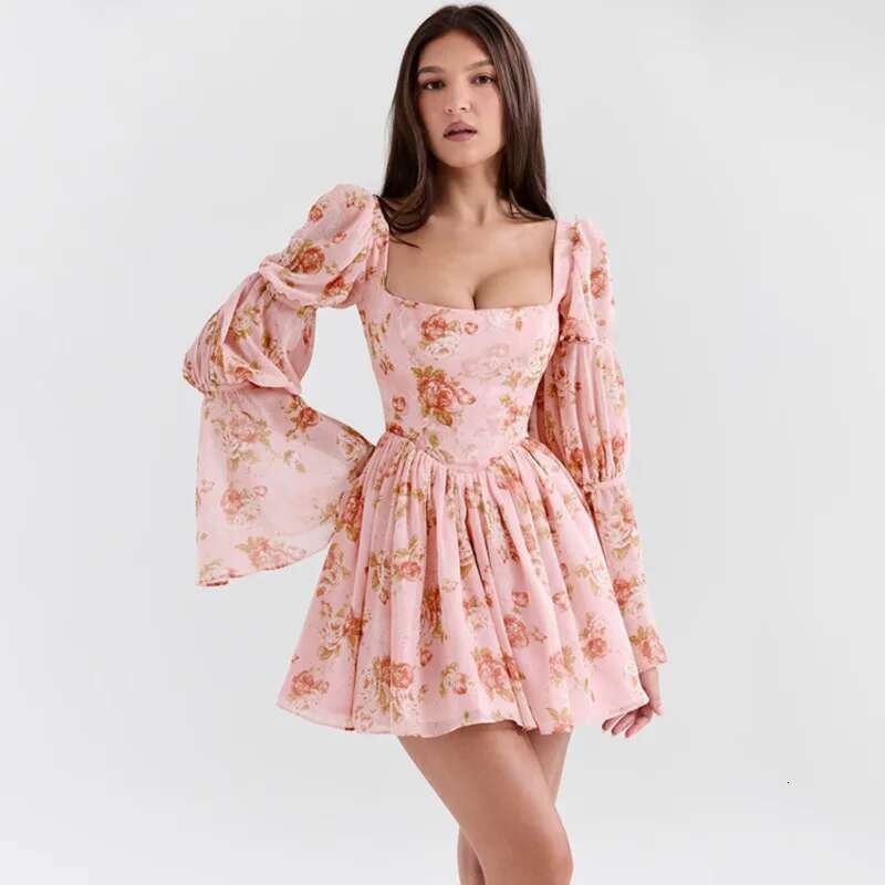 Dongdumaoyi Townlike Floral Print Waist Wrap A Line Dress Women Flare Sleeve Mini Autumn Winter Nightclub Sexy Party Dresses