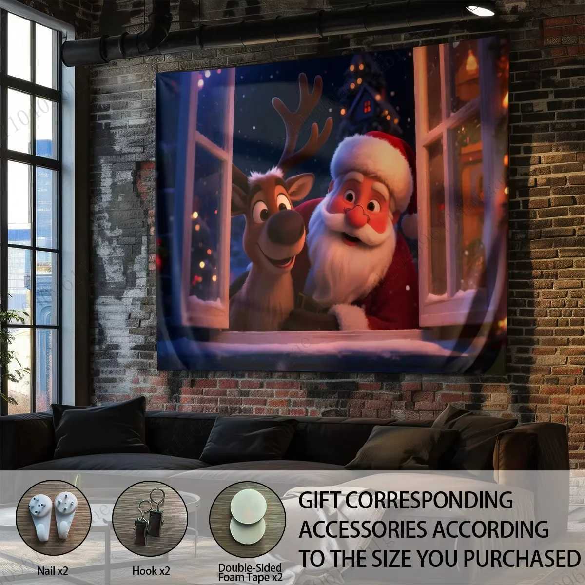 Enchanting Christmas Fantasy Tapestry - Magical Santa And Reindeer Window Moment Wall DecorM251125