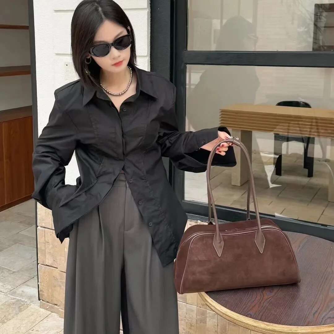 Suede Cowhide Large Capacity Boston Underarm Ladies Brown Women's Fashion Commuter Bowling Frosted Shoulder Bag Coffe Red
