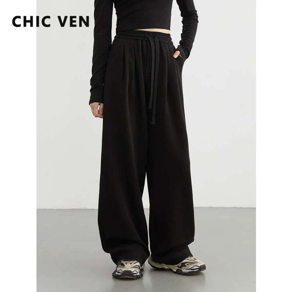 CHIC VEN Women Pants New Elastic Waist Drawstring Sports Loose Female Trousers Plush Full Long Thick Pant Autumn Winter 2024