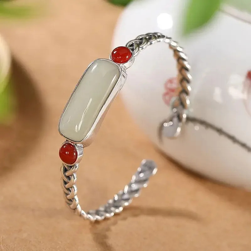 Natural an Jade Southern Red Tourmaline retro creative bracelet for women open bangles Original silver jewelry 250424