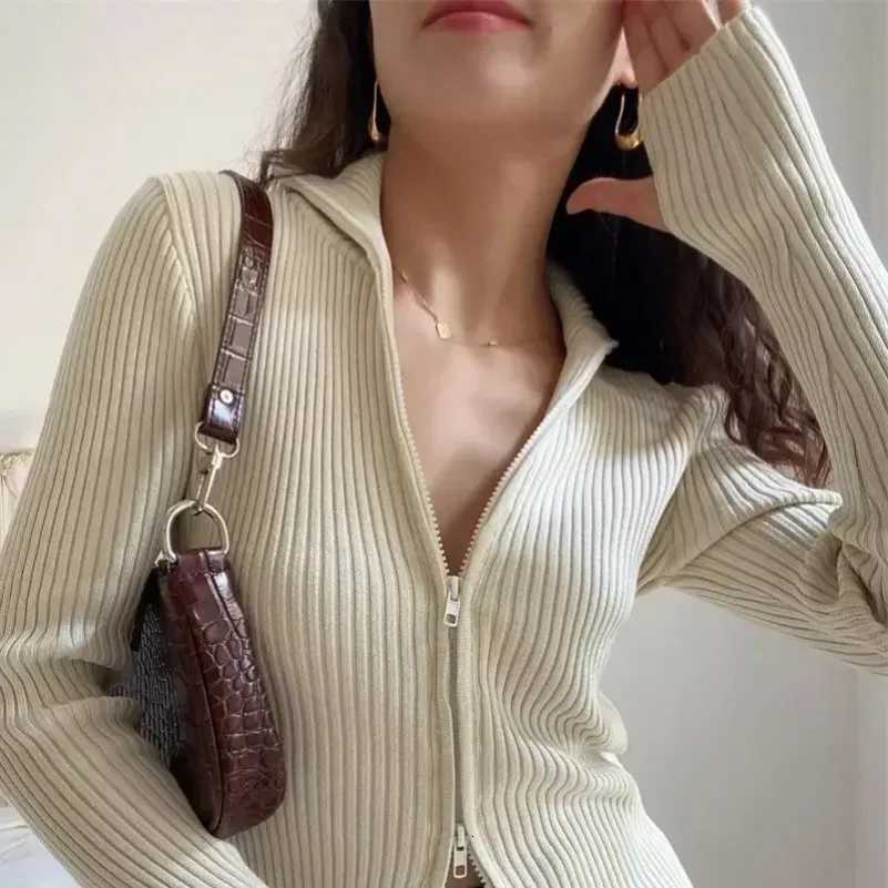 PTKPCC Autumn Womens Clothing New Casual Cardigan Y2K Slim Knitted Sweater Zipper Lapel Top Vintage High Strecth Slim PulloversT251125