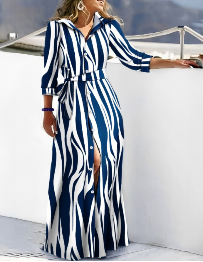 2023 autumn new fashionable long sleeved printed shirt skirt long dress for women