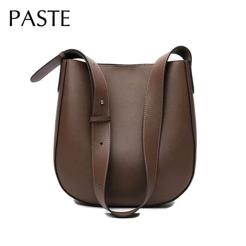 Designer Bag Minimalist Japan Korean Style Solid Color Bucket Tote Dark Brown Cowhide Leather Women Shoulder Winter Crossbody Bag