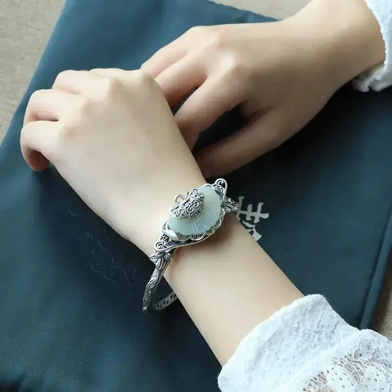 original and old handmade butterfly silver inlaid Ruyi Hetian jade open bracelet retro ladies jewelry 250424