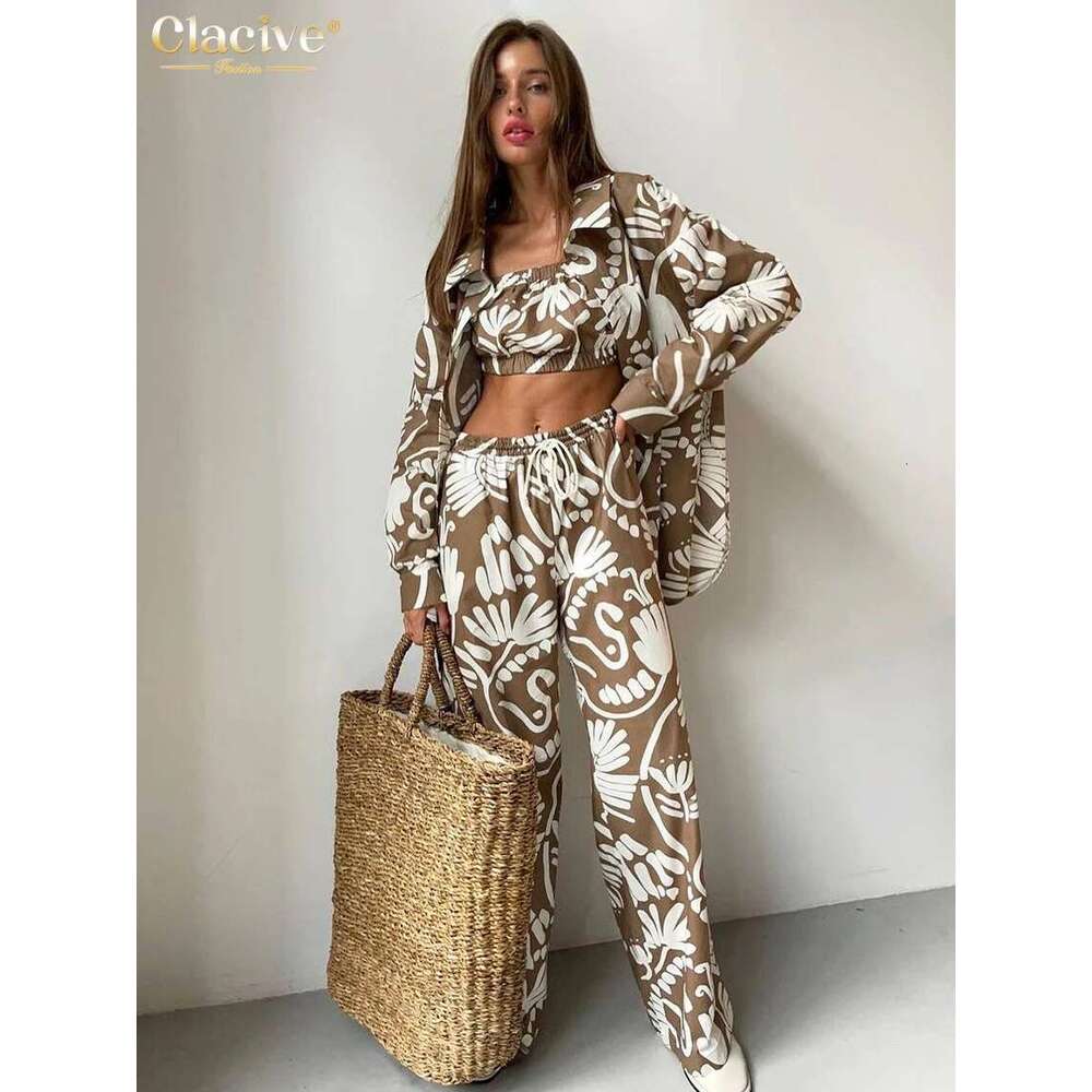 Clacive Fashion Loose Print 3 Piece Women Outfit Elegant Long Sleeve Blouse + Sleeveless Tube Top With High Waist Pants Set