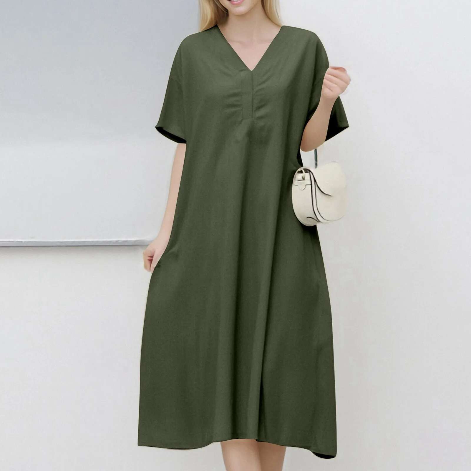 Dongdumaoyi Ladies Short Sleeved Loose Long Dress V Neck Large Swing Casual Plain Women S Solid Breathable Oversize Sundresses