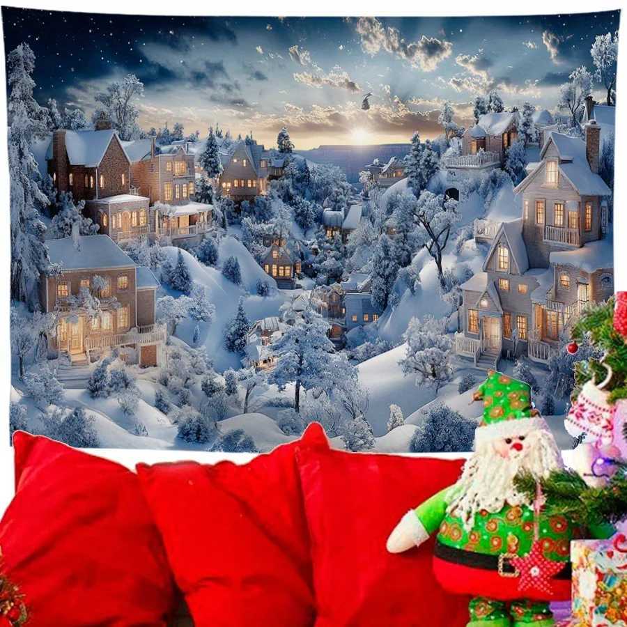 Christmas Landscape Tapestry Festive Wall Decor Snowy Village Design Multi-Use Holiday Banner for Home Kitchen PartyM251125
