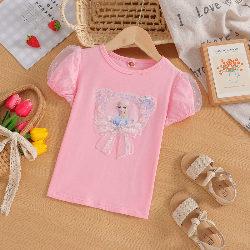 DISNEY baby clothes kids designer clothes Frozen Elsa princess Summer lightweight children baby girl round neck top comfortable soft label-free design