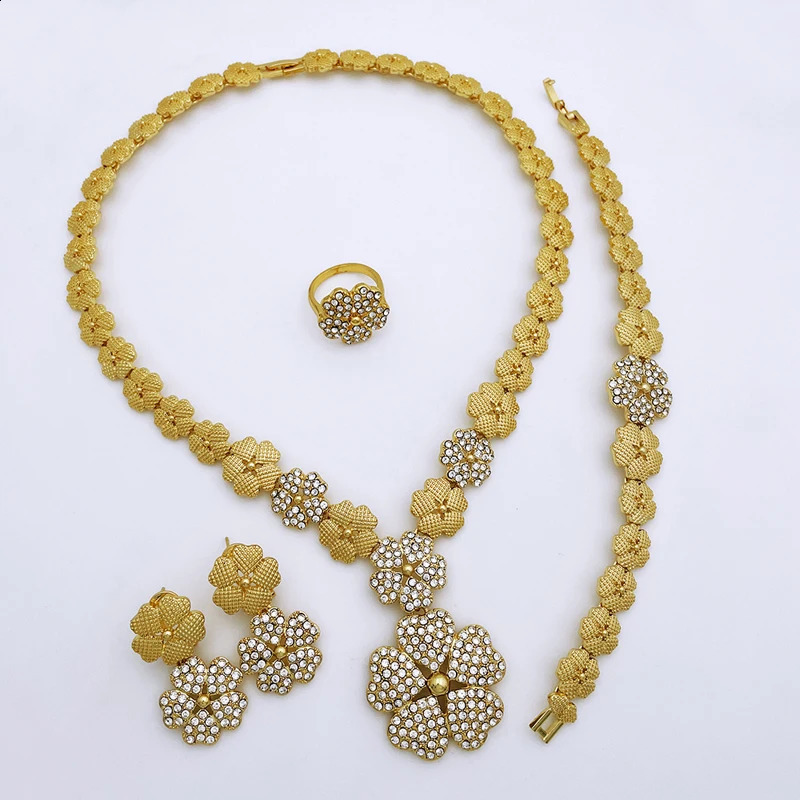 Dubai Nigeria Jewelry Sets For Women Five Petals Flower Pendant Necklace Earring Bracelet And Ring 250417