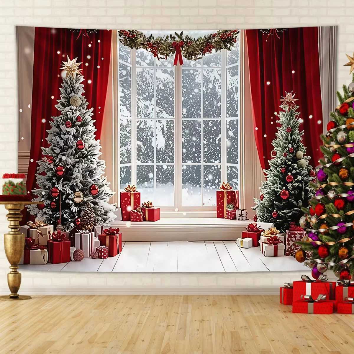 Christmas tree window tapestryChristmas background decorationhighdefinition printingfor room decorationdurable polyester giftM251125
