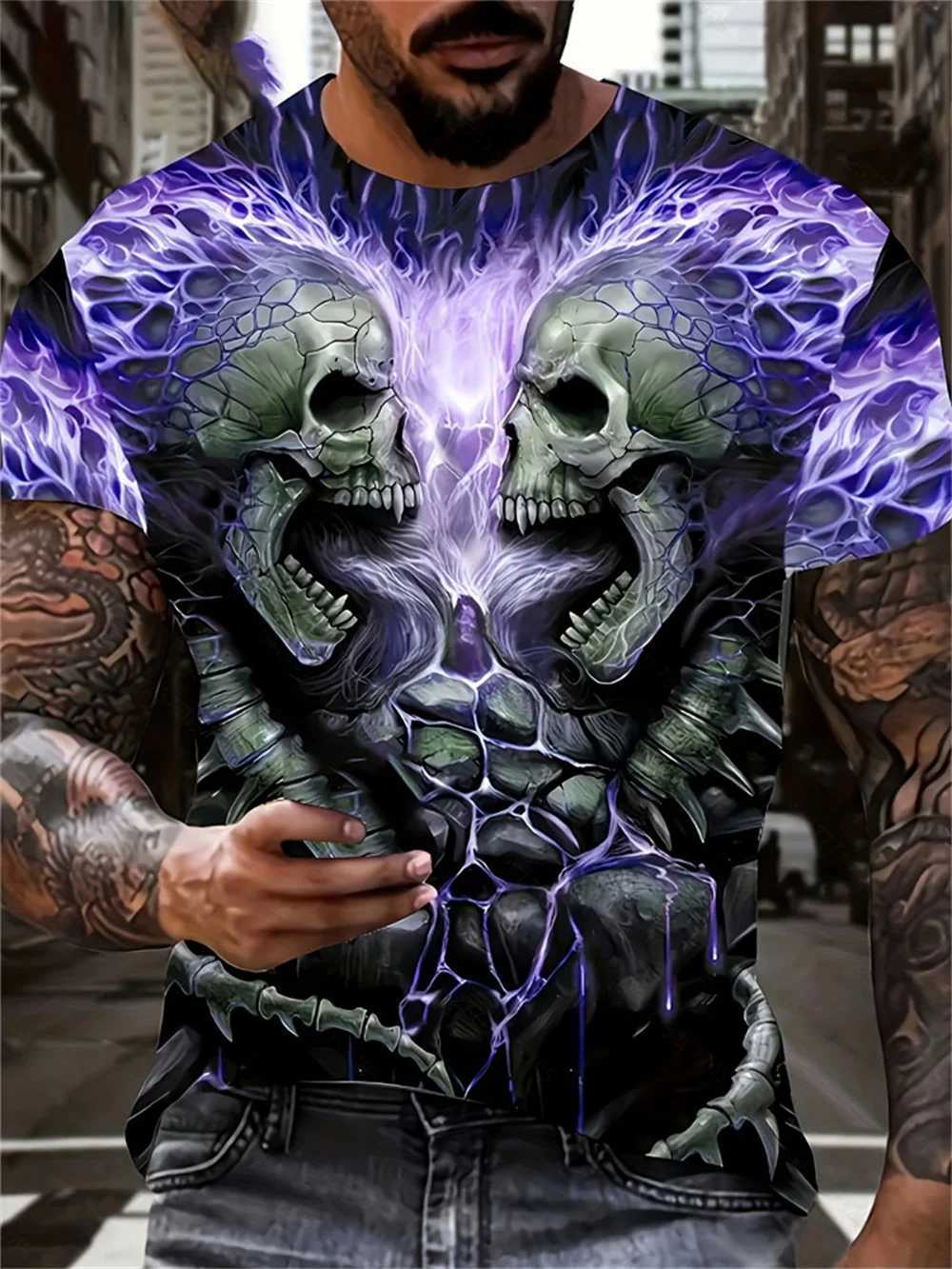 Mens horror skull print T-shirt 3D printed retro O-neck short sleeved fashionable oversized T-shirt mens summer streetwear W250425