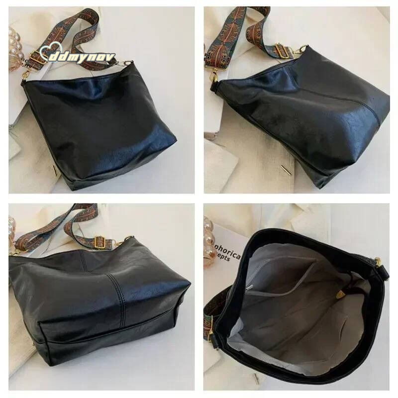 Vintage Solid Color PU Leather Women Fashion Shoulder Sling High-Capacity Simple Wide Strap Bucket Crossbody Bag Commuting ddmynov