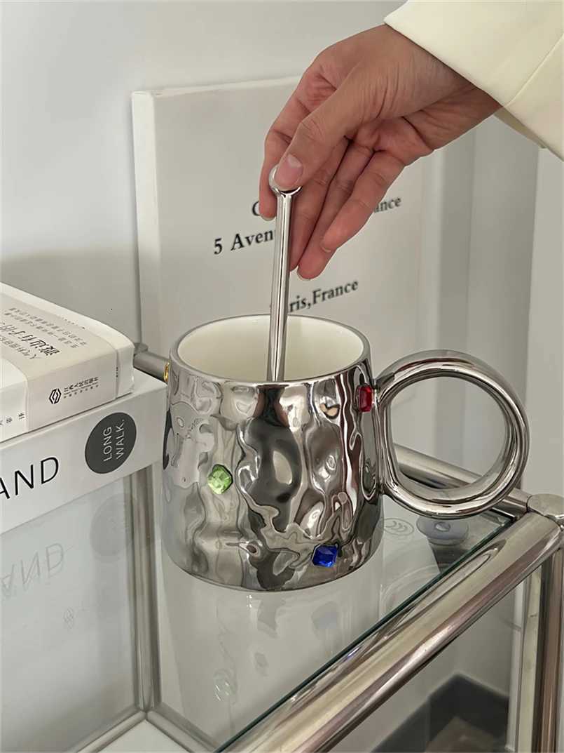 Nordic Style Ins Niche Design Ceramic Color Gem Mug Simple Coffee Cup with Handle Couples Cup with Spoon Y251125